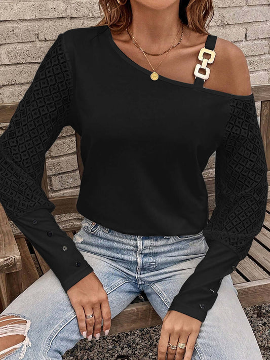 Asymmetrical Neck Lace Long Sleeve Women T-Shirt