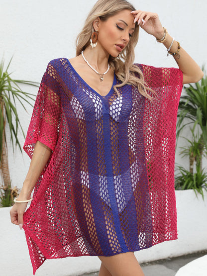 Openwork Contrast V-Neck Women Cover-Up