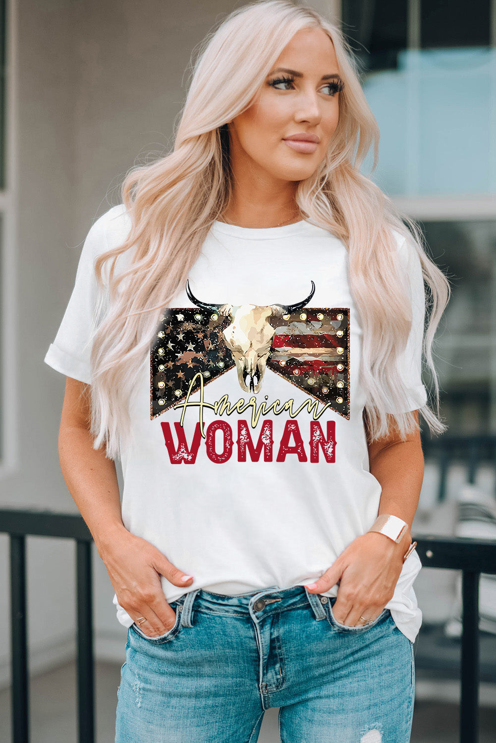 AMERICAN WOMAN Graphic Round Neck T-Shirt