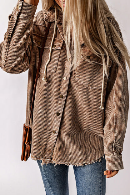 Womens Corduroy Shacket Jacket Long Sleeve Raw Hem Drawstring Button Down Casual Hooded Coat