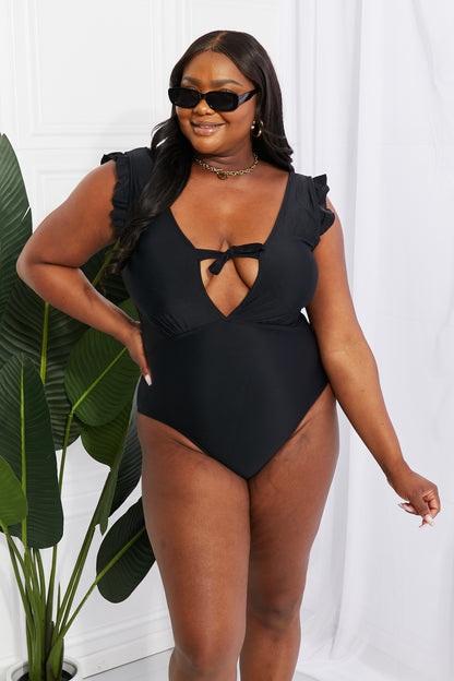 Marina West Swim Seashell Ruffle Sleeve Women One-Piece in Black