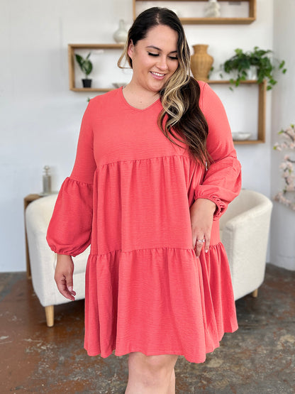 Double Take Full Size V-Neck Balloon Sleeve Tiered Women Dress with Pockets