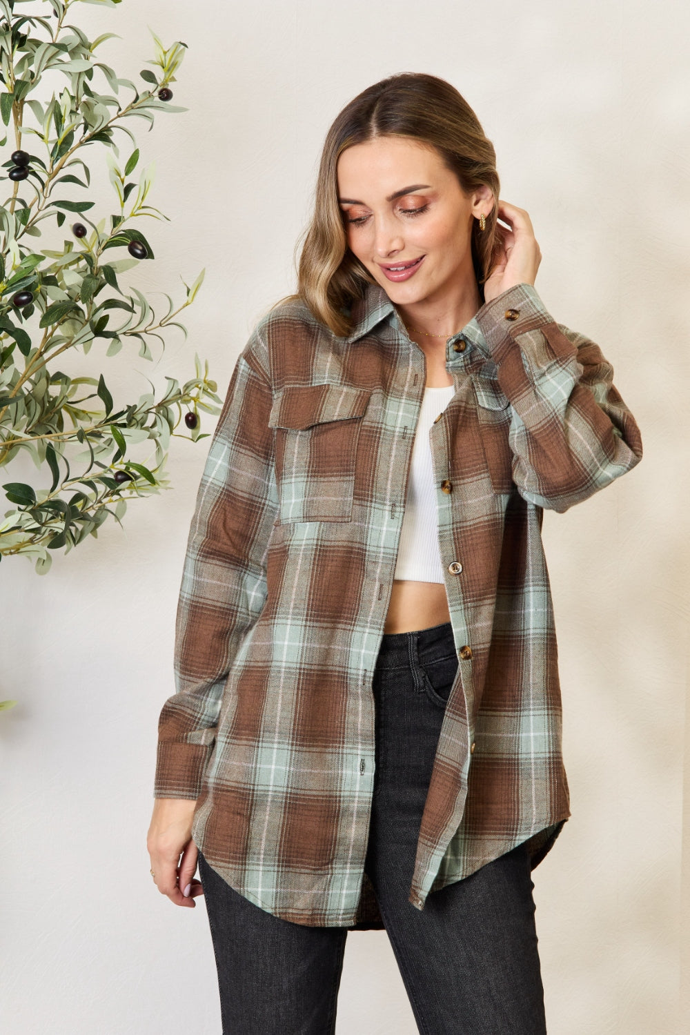 Double Take Plaid Dropped Shoulder Women Shirt