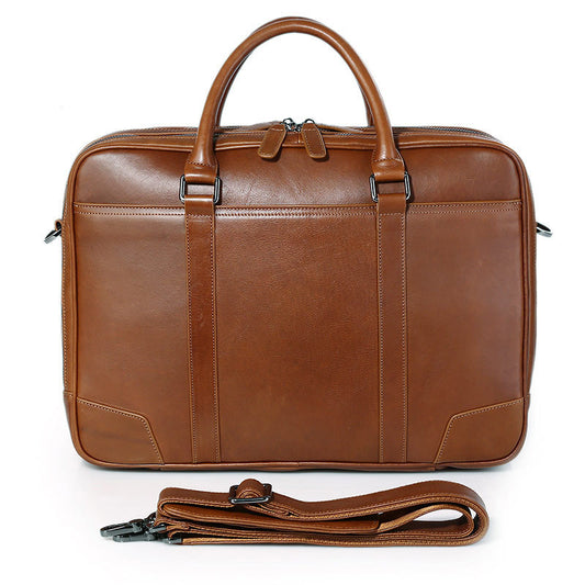 Double-Layer Zipper Bag With Tree Cream Leather Briefcase