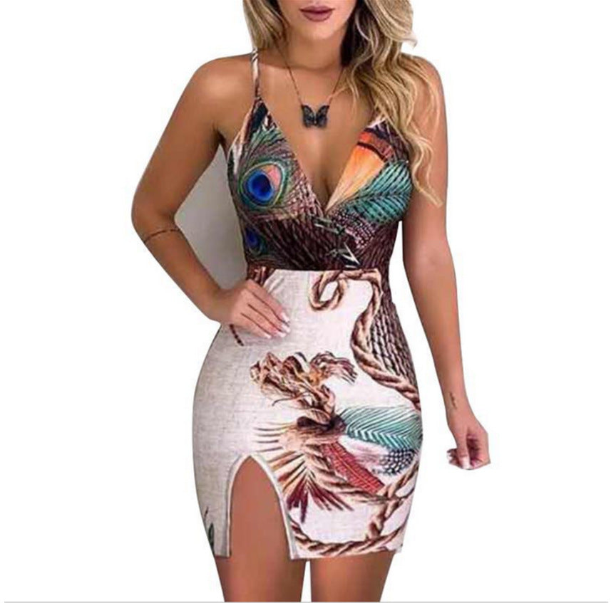 Summer Elegant Women Sling V Neck Peacock Dress
