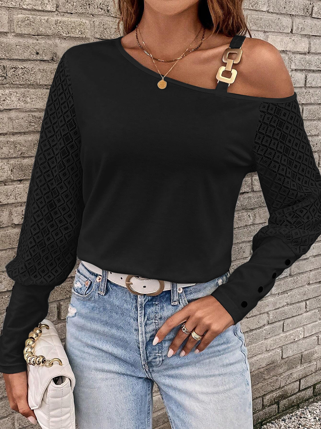 Asymmetrical Neck Lace Long Sleeve Women T-Shirt