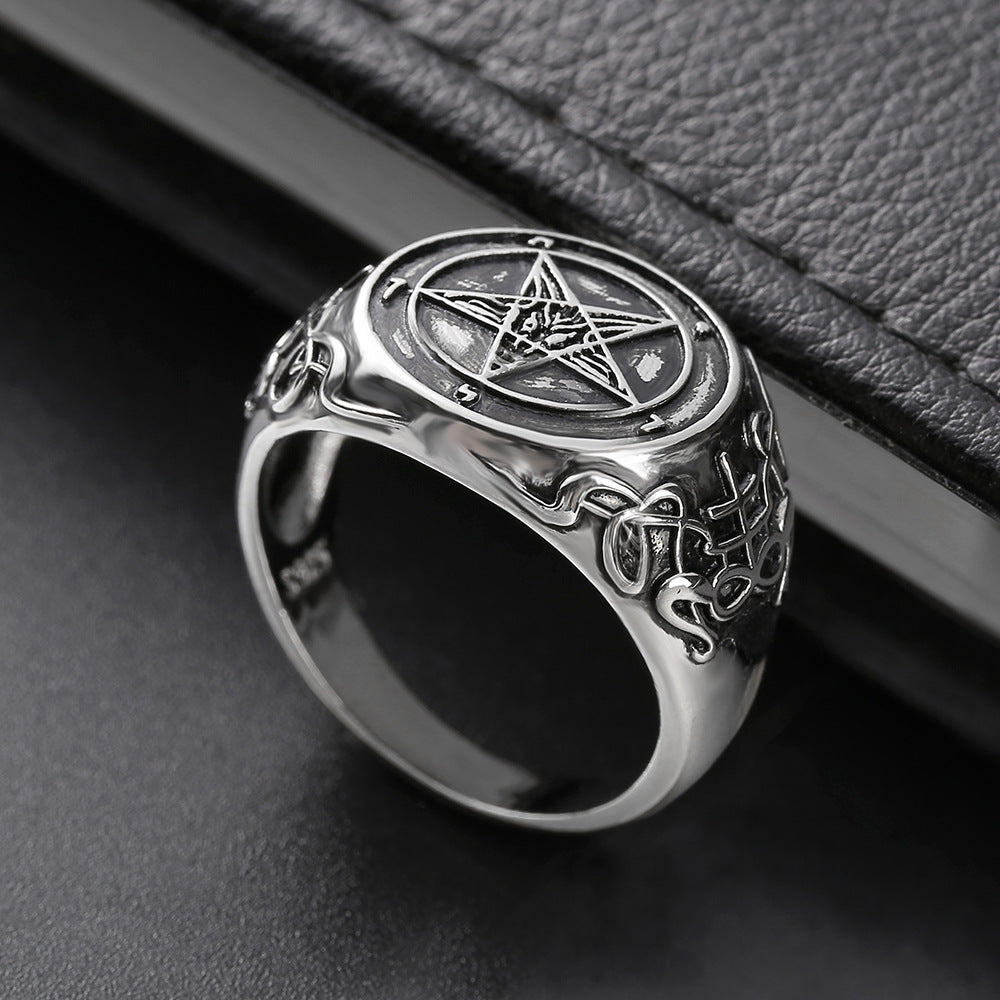 New Satane Demon Ghost Sheep Head Bafengte Reverse Pentagram Band Emblem Ring