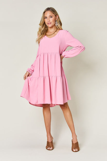 Double Take Full Size V-Neck Balloon Sleeve Tiered Women Dress with Pockets