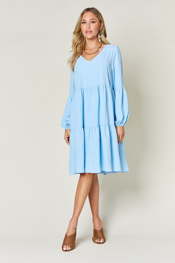 Double Take Full Size V-Neck Balloon Sleeve Tiered Women Dress with Pockets