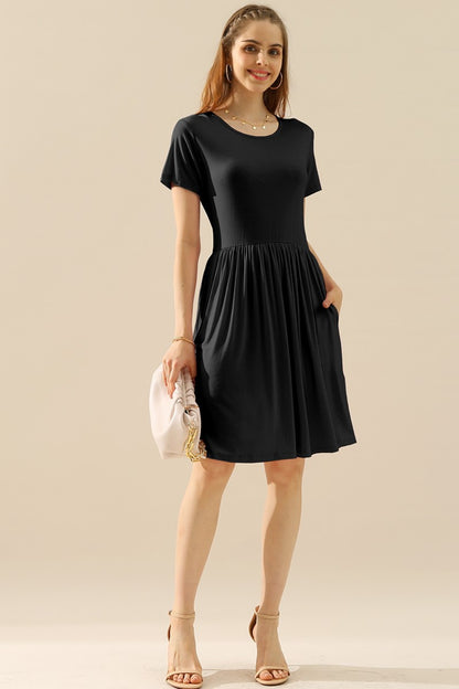 Ninexis Full Size Round Neck Ruched Women Dress with Pockets