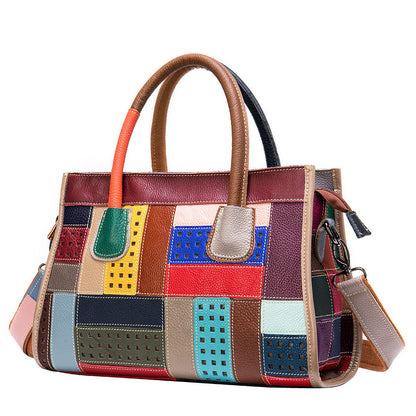 Cephalic Cowhide Color Patchwork Women Handbag