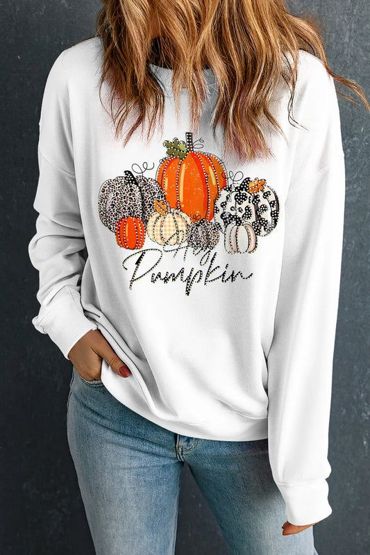 SYNZ Pumpkin Graphic Round Neck Dropped Shoulder Women Sweatshirt