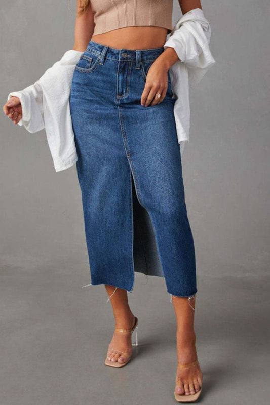 Slit Raw Hem Midi Denim Women Skirt