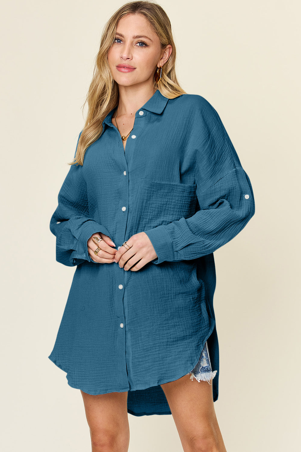 Double Take Full Size Pocketed Texture Button Up Cotton Shirt