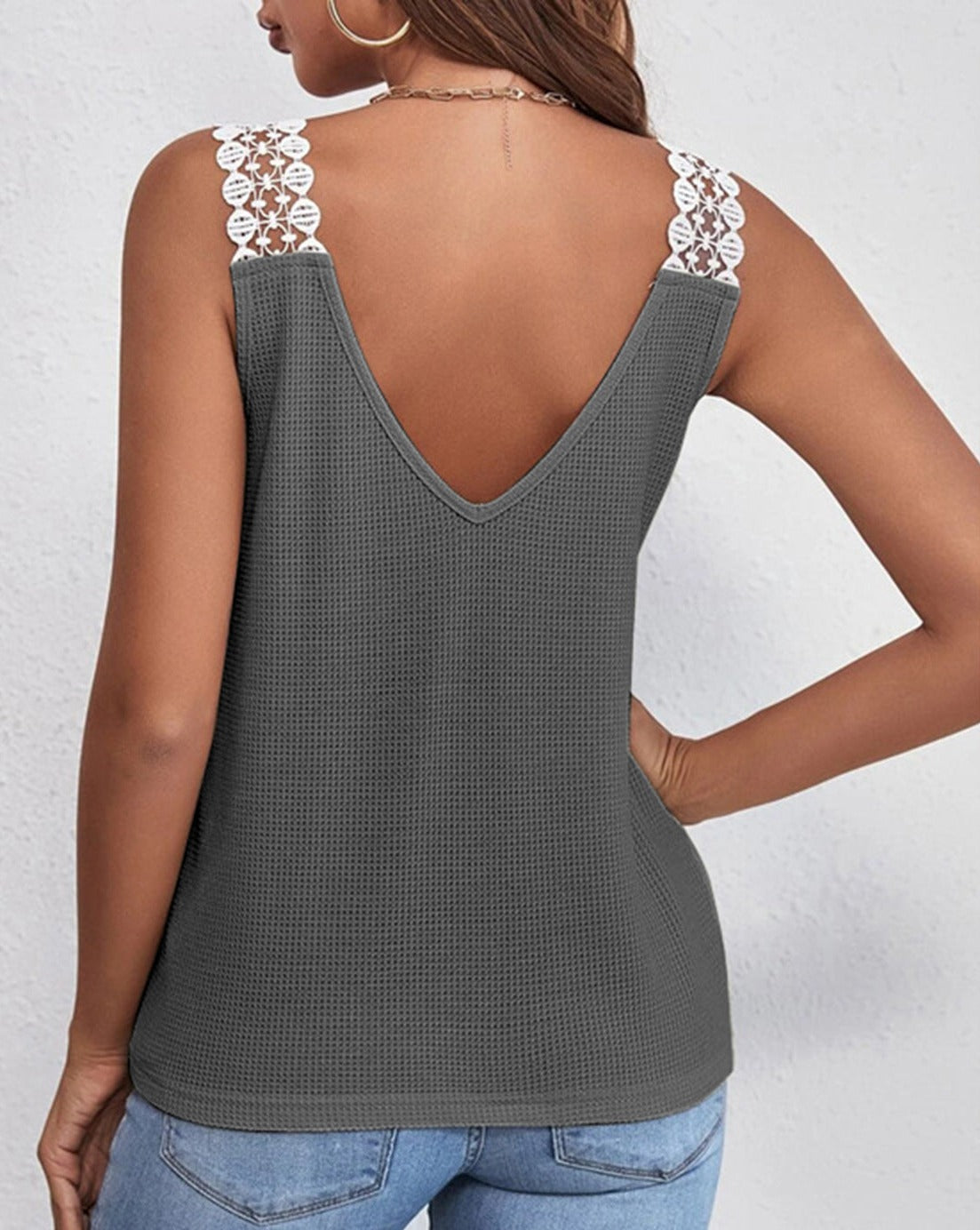 Lace Detail Waffle-Knit V-Neck Women Tank