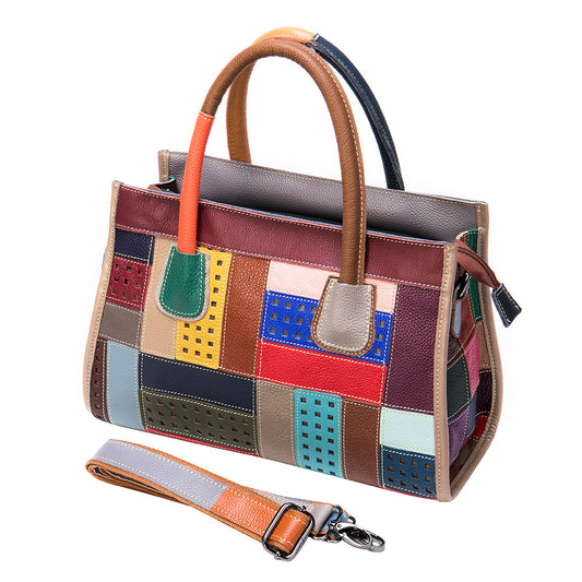 Cephalic Cowhide Color Patchwork Women Handbag