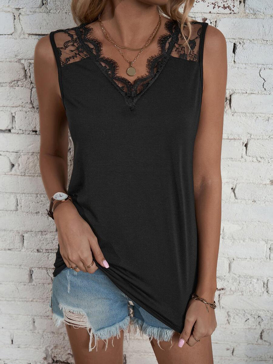 Lace Detail V-Neck Women Tank