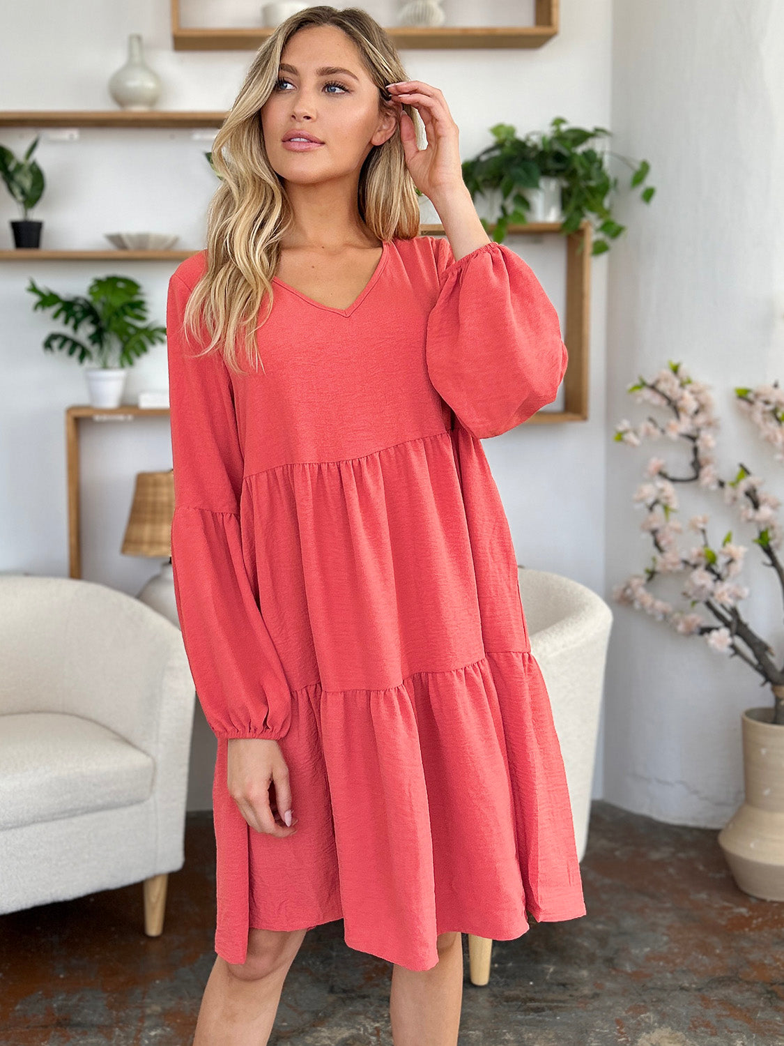 Double Take Full Size V-Neck Balloon Sleeve Tiered Women Dress with Pockets