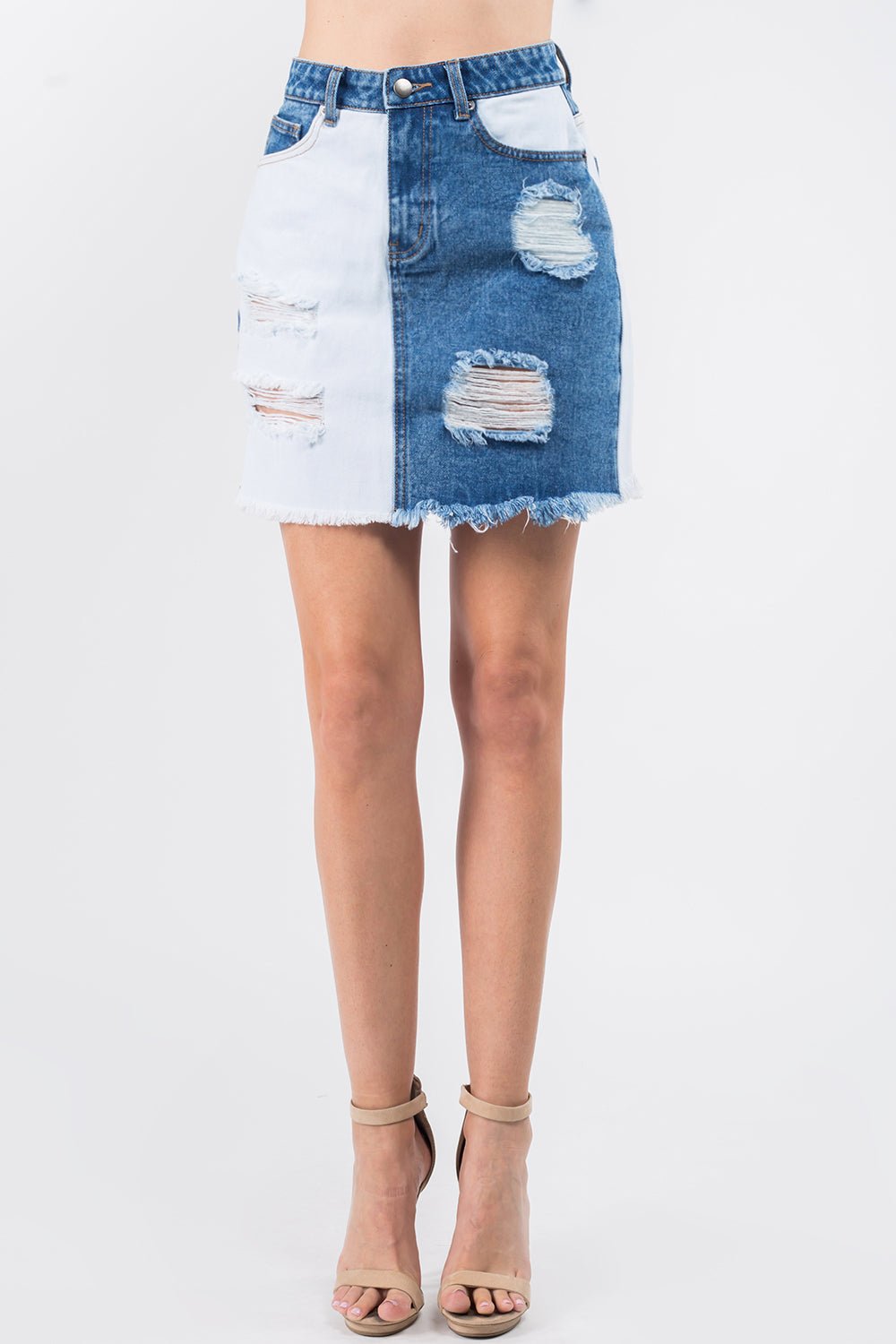 American Bazi Contrast Patched Frayed Denim Distressed Women Skirts