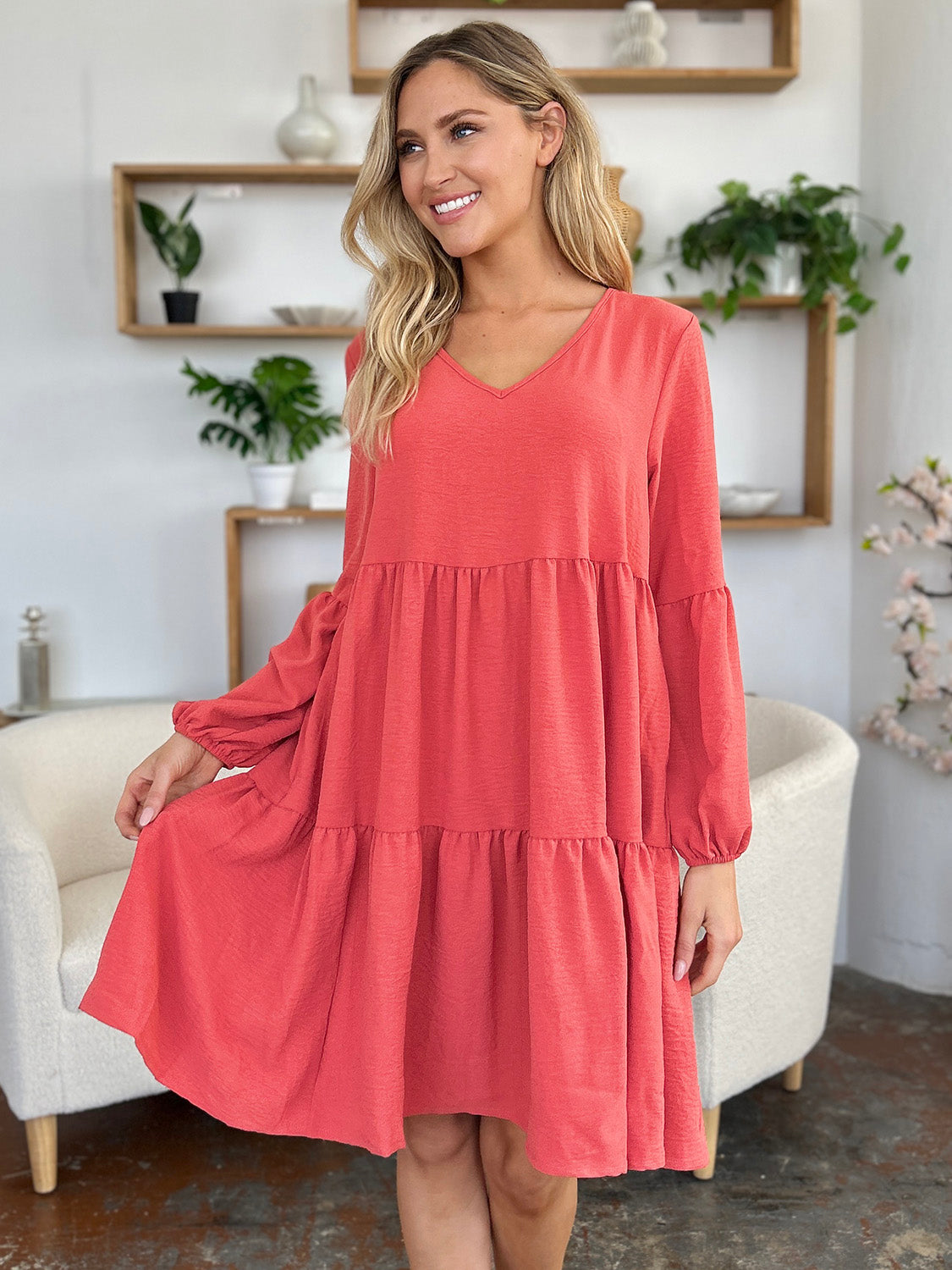 Double Take Full Size V-Neck Balloon Sleeve Tiered Women Dress with Pockets