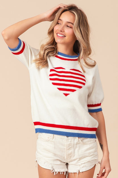 BiBi US Flag Theme Striped Heart Women Sweater