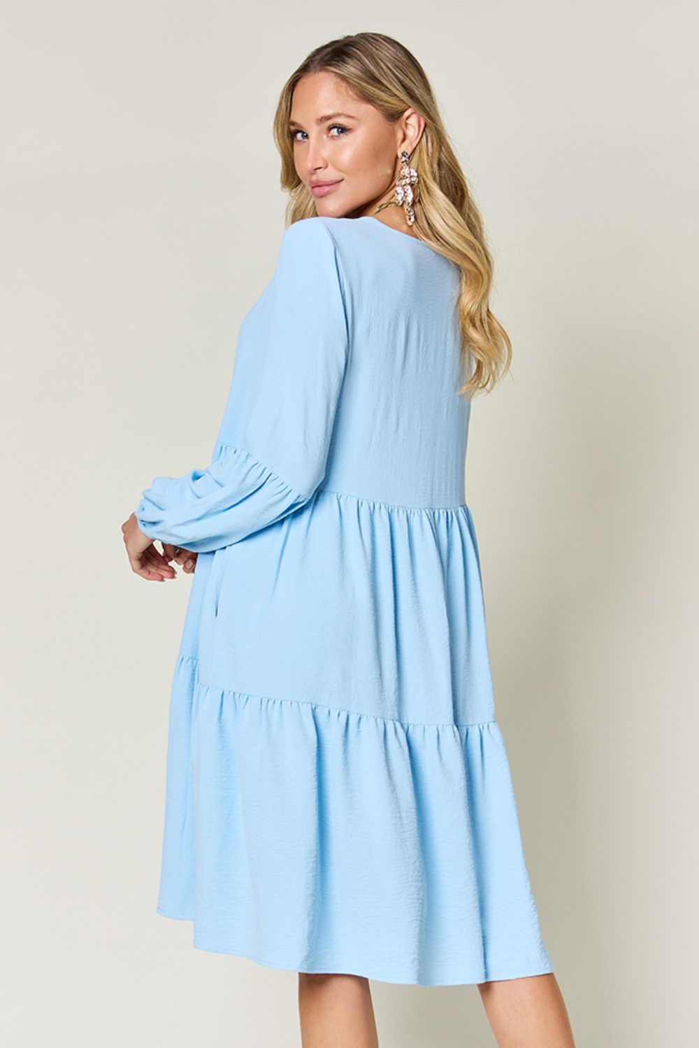 Double Take Full Size V-Neck Balloon Sleeve Tiered Women Dress with Pockets