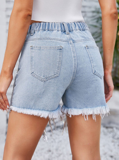 Distressed Pearl Trim Denim Women Shorts with Pockets