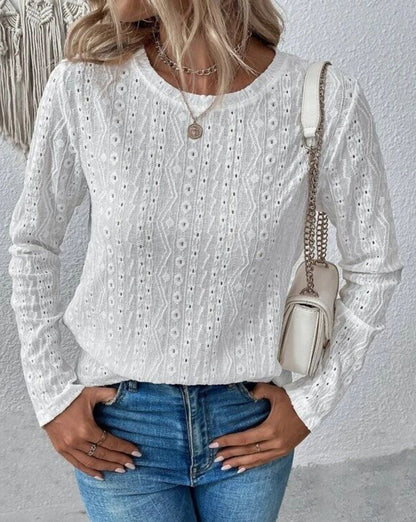 Eyelet Round Neck Long Sleeve Women Blouse