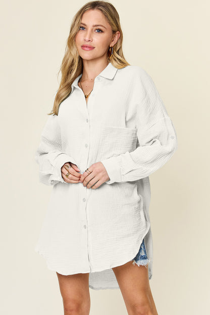 Double Take Full Size Pocketed Texture Button Up Cotton Shirt