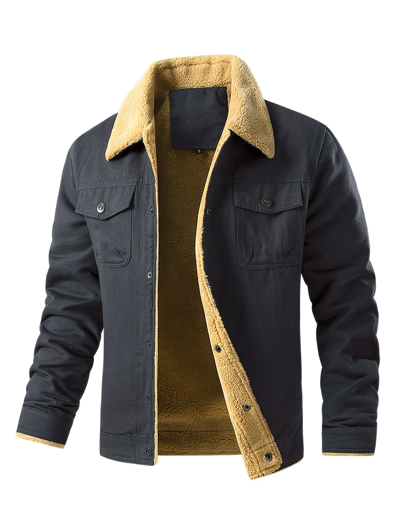 Men's Casual Warm Fleece Flap Pocket Jacket, Chic Cotton Button Up Jacket For Fall Winter