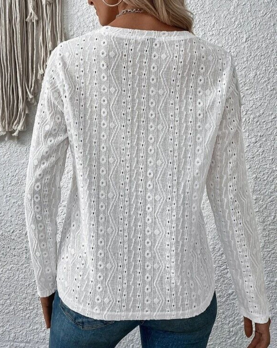 Eyelet Round Neck Long Sleeve Women Blouse