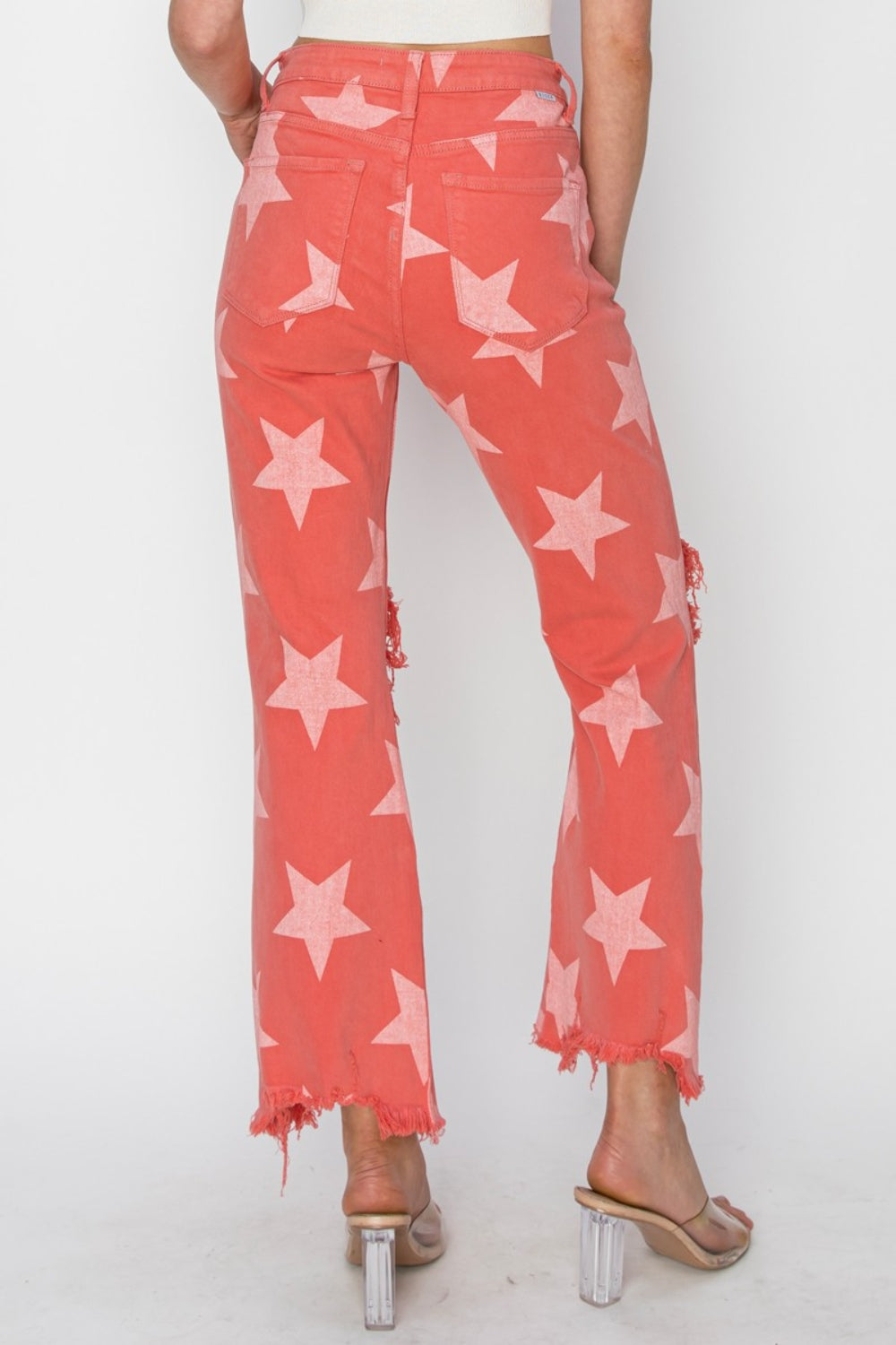 RISEN Full Size Distressed Raw Hem Star Pattern Women Jeans