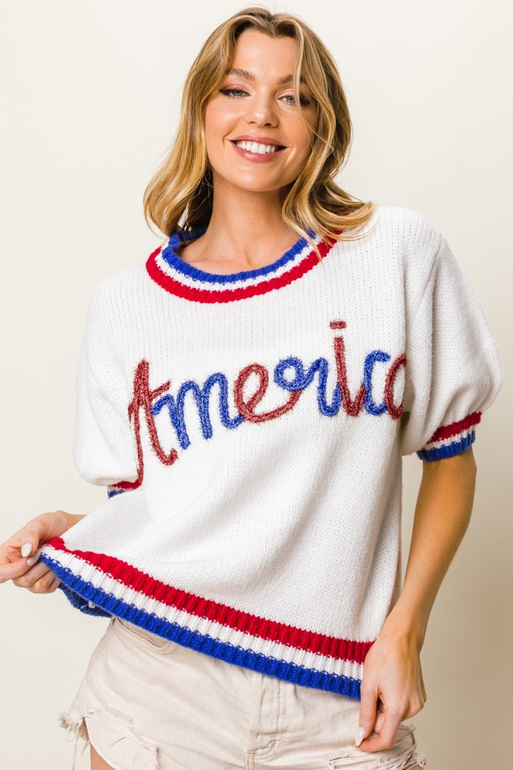 BiBi Metallic America Letter Short Sleeve Women Sweater