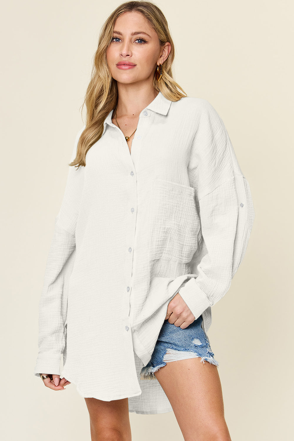 Double Take Full Size Pocketed Texture Button Up Cotton Shirt