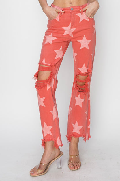 RISEN Full Size Distressed Raw Hem Star Pattern Women Jeans