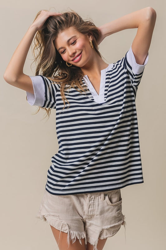 BiBi Contrast Striped Notched Knit Women Top