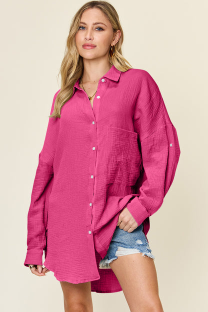 Double Take Full Size Pocketed Texture Button Up Cotton Shirt