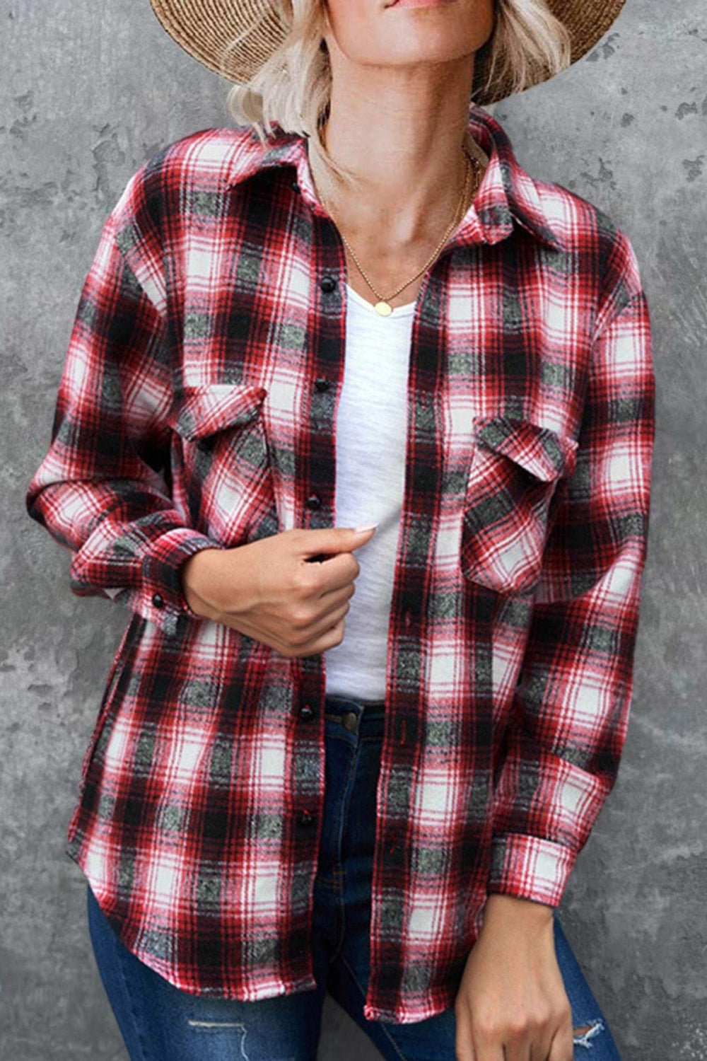 Full Size Plaid Collared Neck Long Sleeve Women Shirt