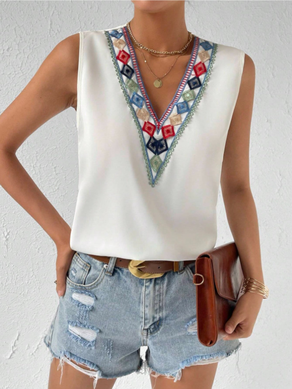 Contrast Geometric V-Neck Women Tank