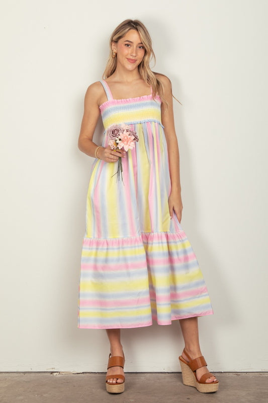 VERY J Striped Woven Smocked Women Midi Cami Dress