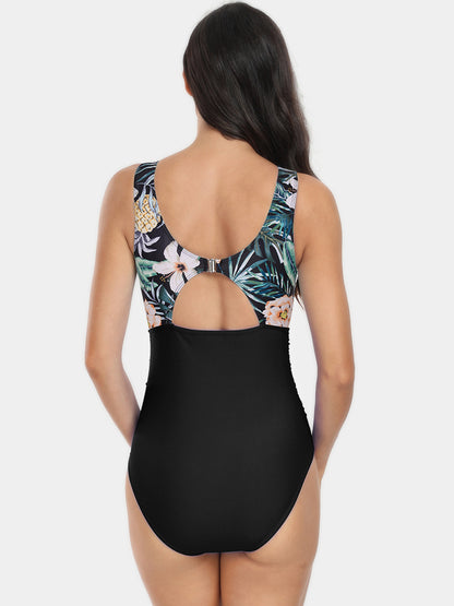Cutout Printed Round Neck One-Piece Women Swimwear