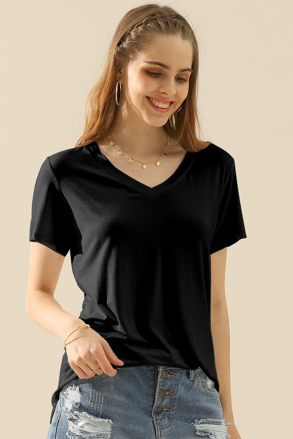 Ninexis Full Size V-Neck Short Sleeve Women T-Shirt