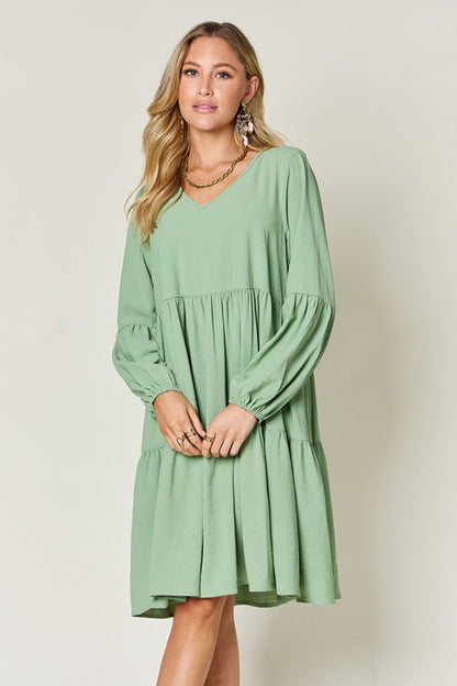 Double Take Full Size V-Neck Balloon Sleeve Tiered Women Dress with Pockets