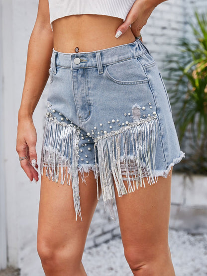 Distressed Pearl Trim Denim Women Shorts with Pockets