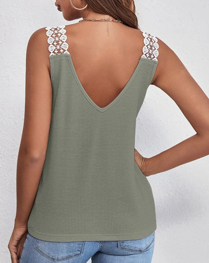 Lace Detail Waffle-Knit V-Neck Women Tank