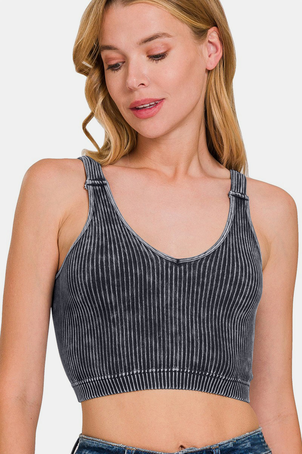 Zenana Washed Ribbed Cropped V-Neck Women Women Tank