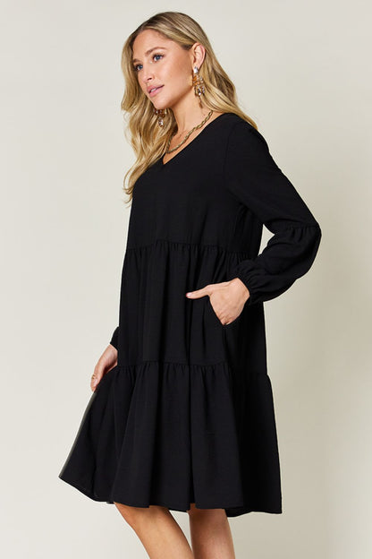 Double Take Full Size V-Neck Balloon Sleeve Tiered Women Dress with Pockets