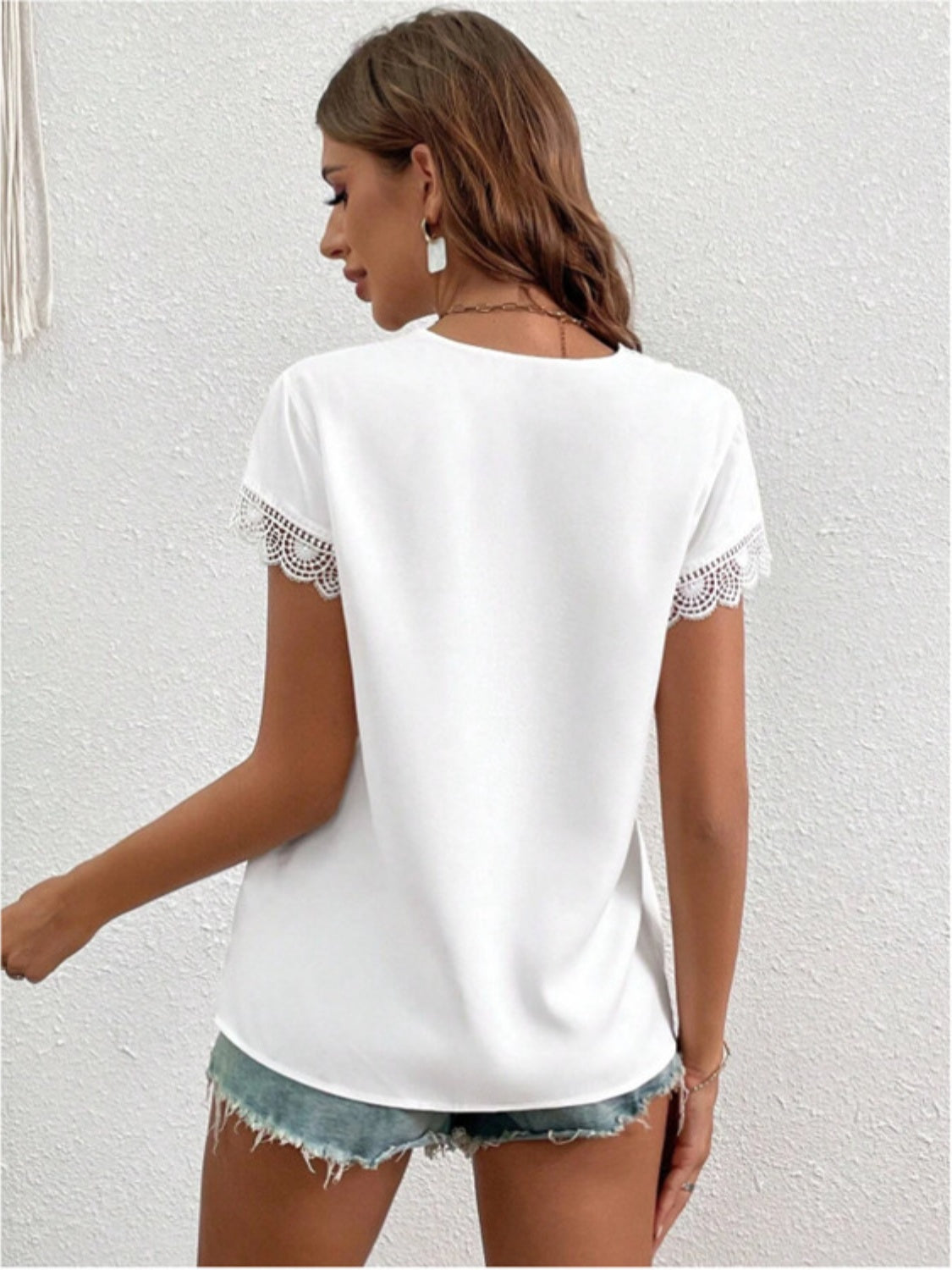 Lace Detail V-Neck Cap Sleeve Women Blouse