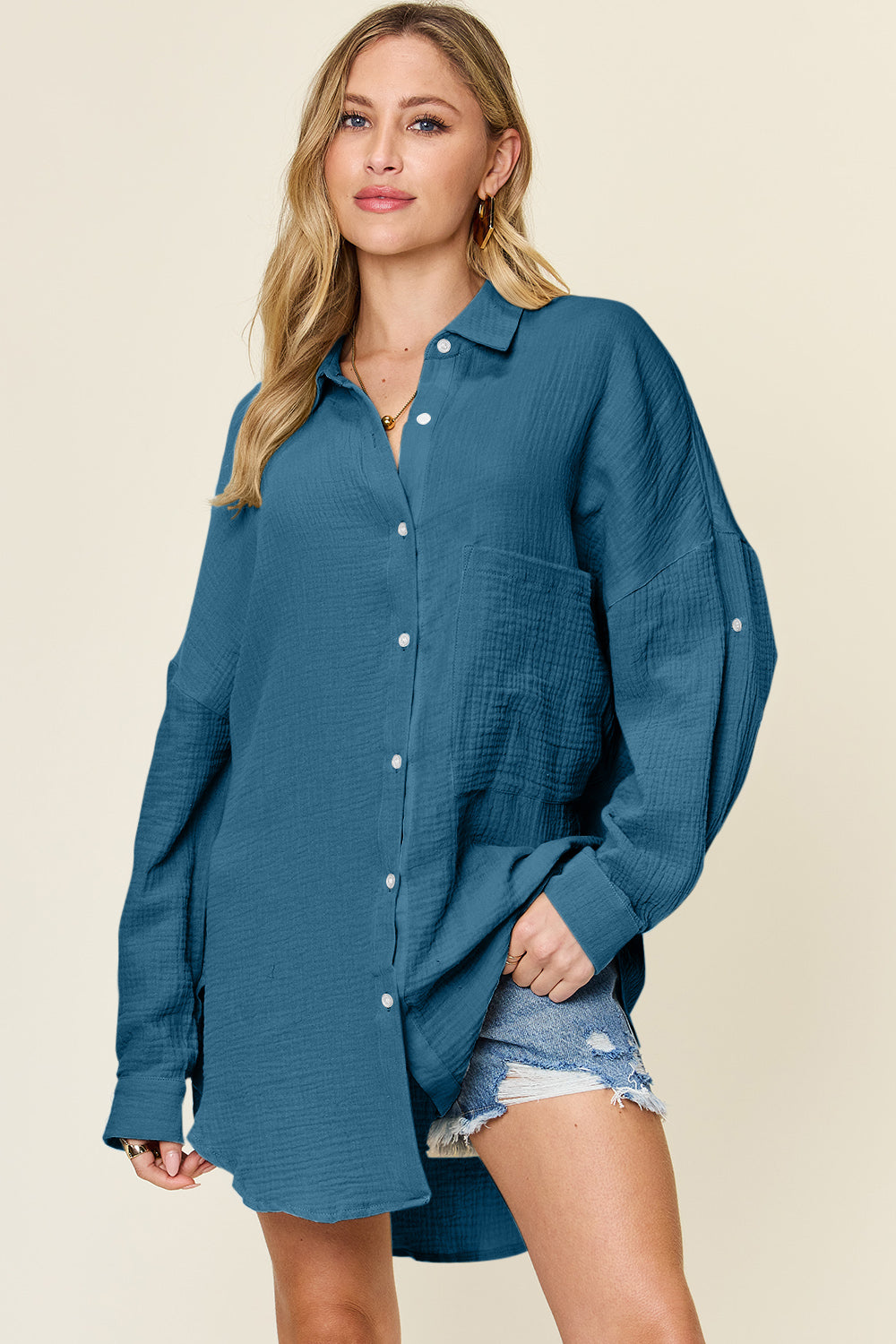 Double Take Full Size Pocketed Texture Button Up Cotton Shirt