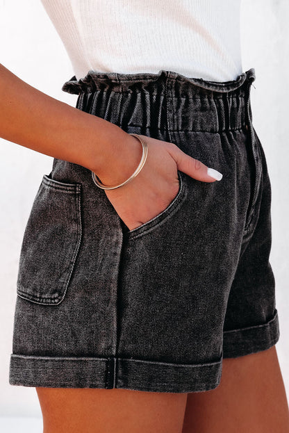 Paperbag Waist Denim Women Shorts with Pockets